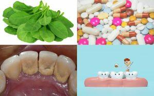 A collage showcasing smooth teeth among pills and green leaves.